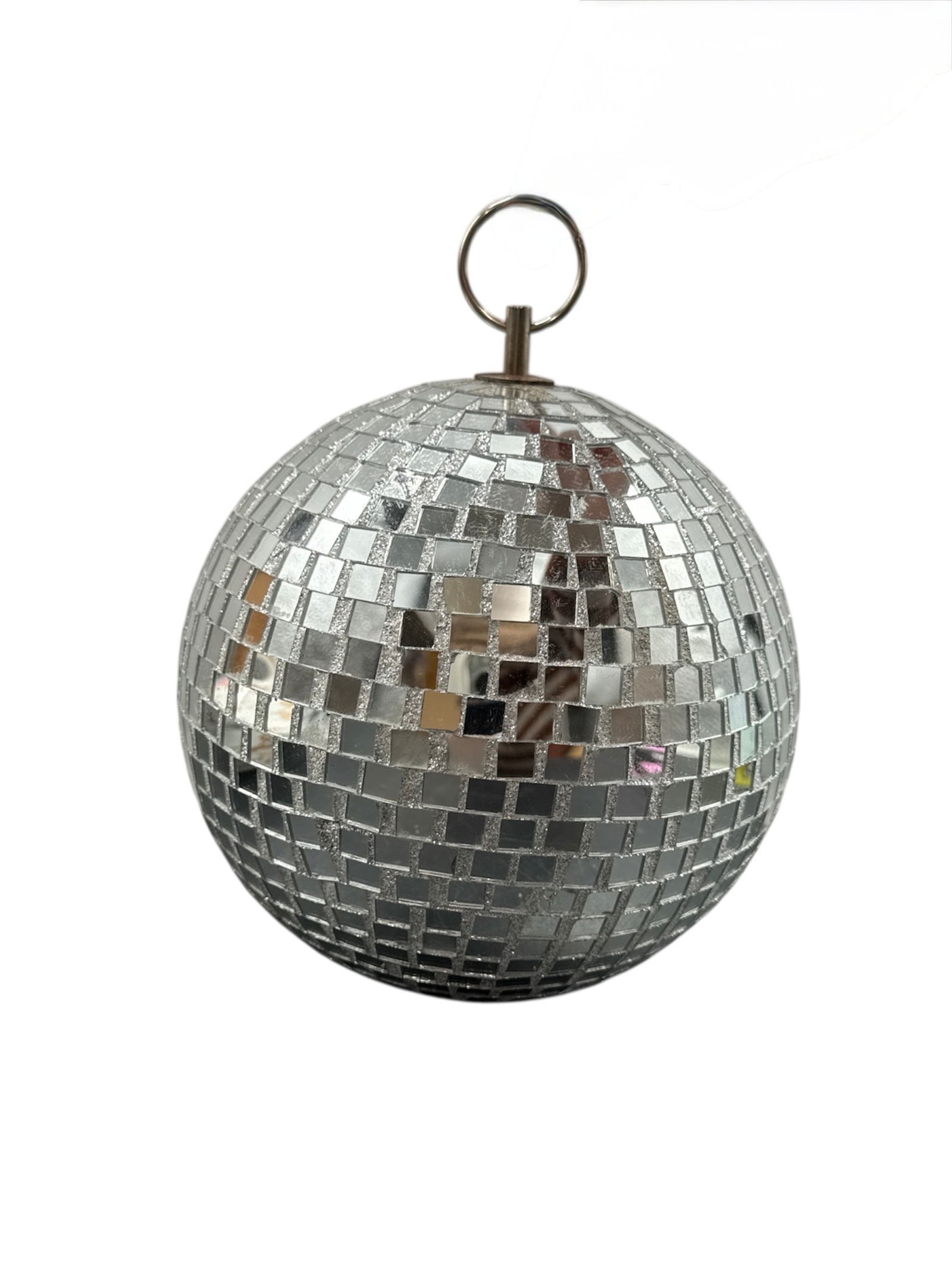 Mirrored Disco Ball with Hanging Ring: Classic mirrored disco ball featuring a spherical form fully clad in small square mirror tiles designed to reflect light in all directions. Fitted with a metal hanging ring at the top for easy