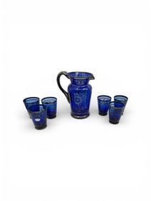 Argento Italian 925 Silver Overlay Cobalt Blue Glass Wine Pitcher and Six Glasses Set