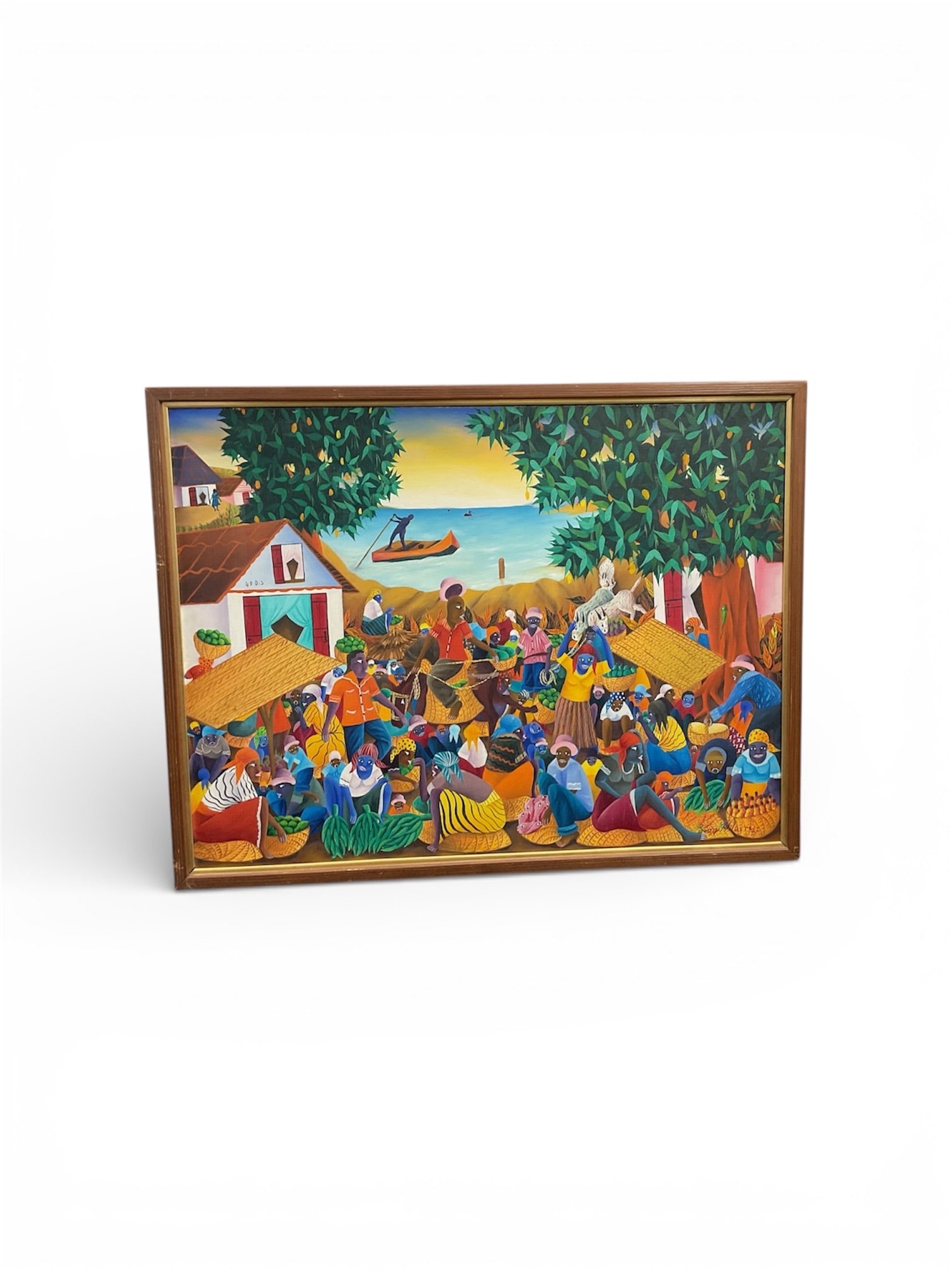 Leon Hilaire Haitian Village Scene Painting: Vibrant and lively painting by Haitian artist Leon Hilaire, depicting a colorful village gathering set against a coastal landscape. The composition features a bustling crowd rendered in bold, saturate