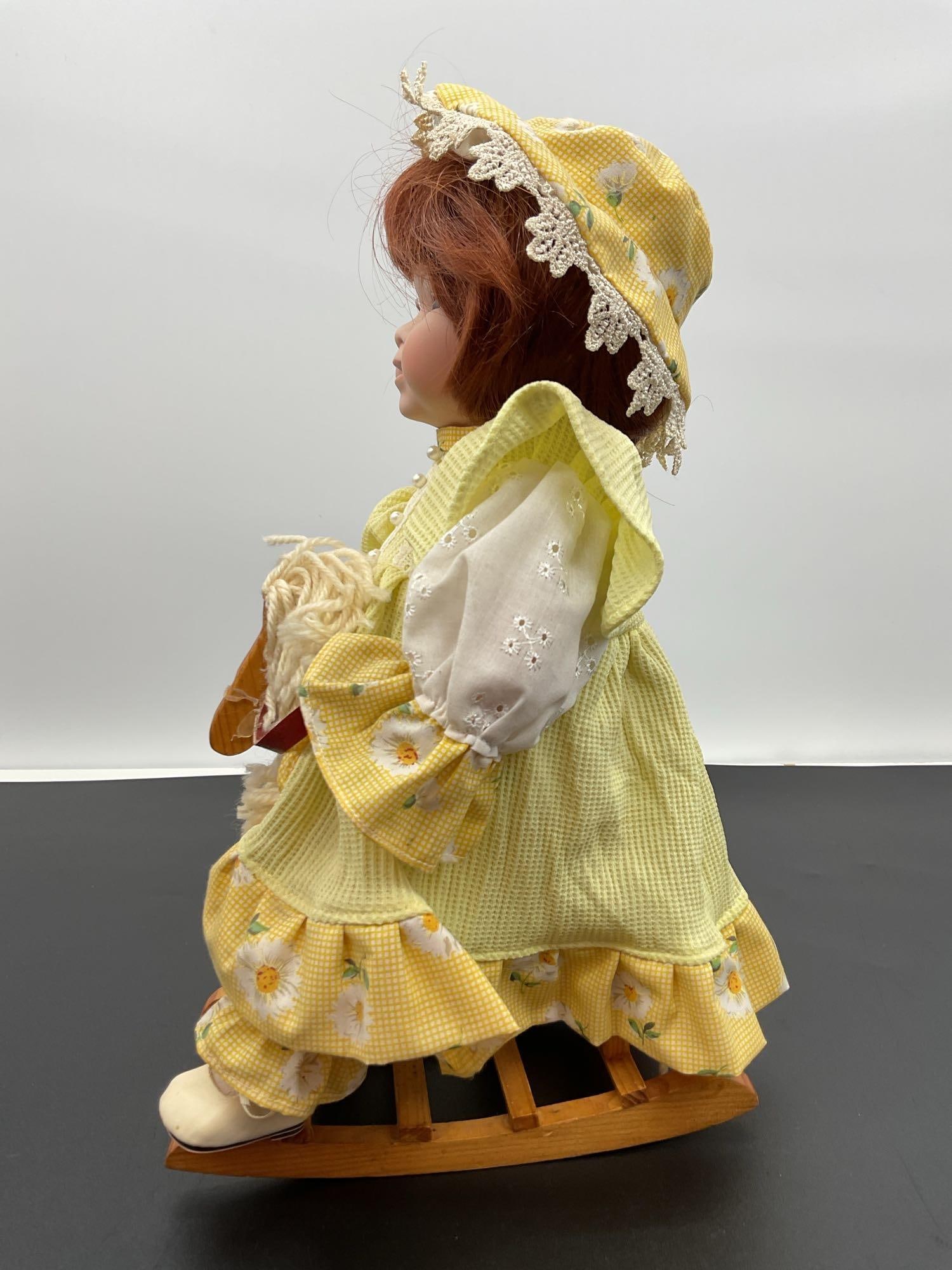 Porcelain Doll on Wooden Rocking Horse - 4