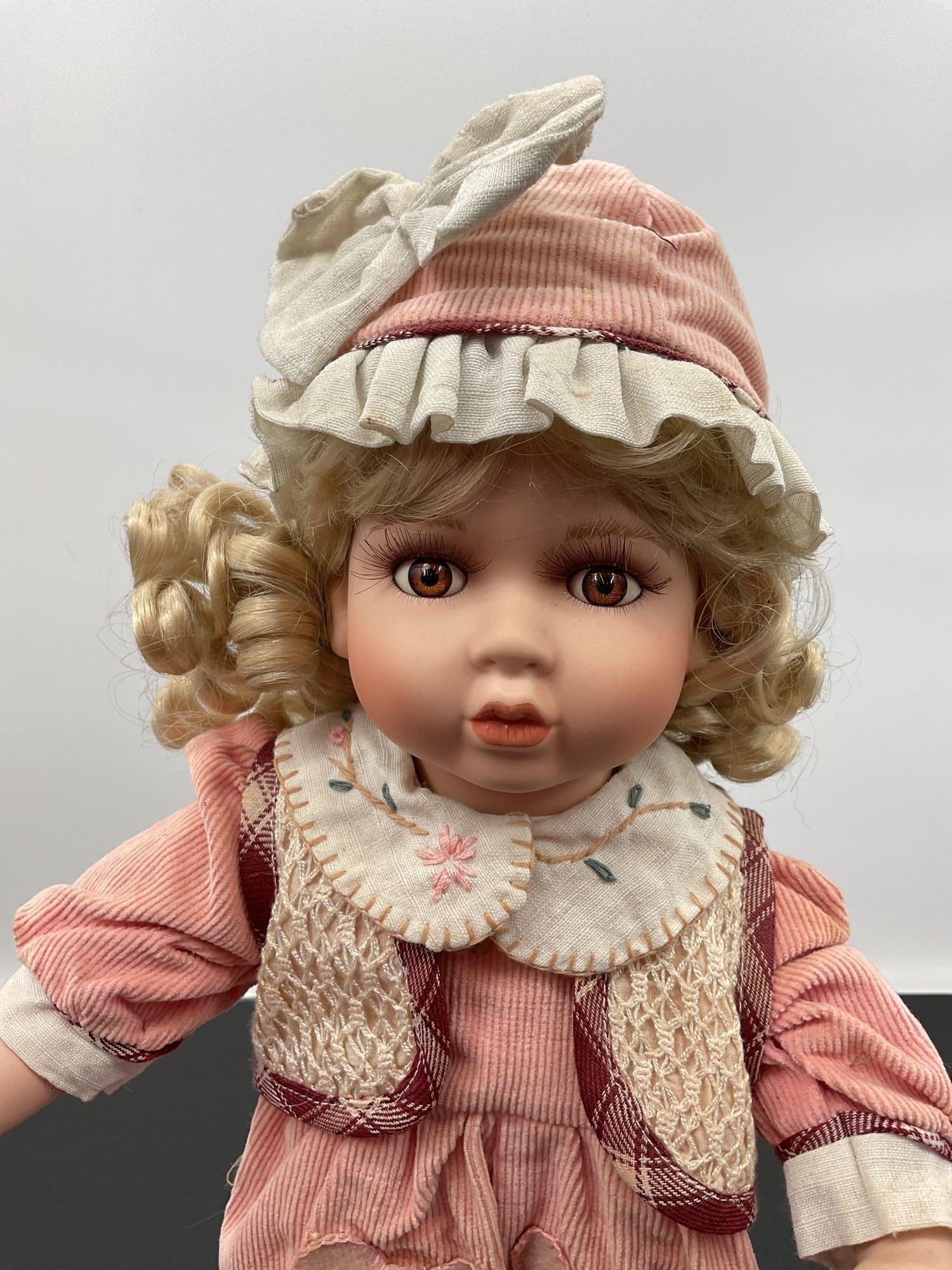 Porcelain Doll in Bear Patch Overalls - 2