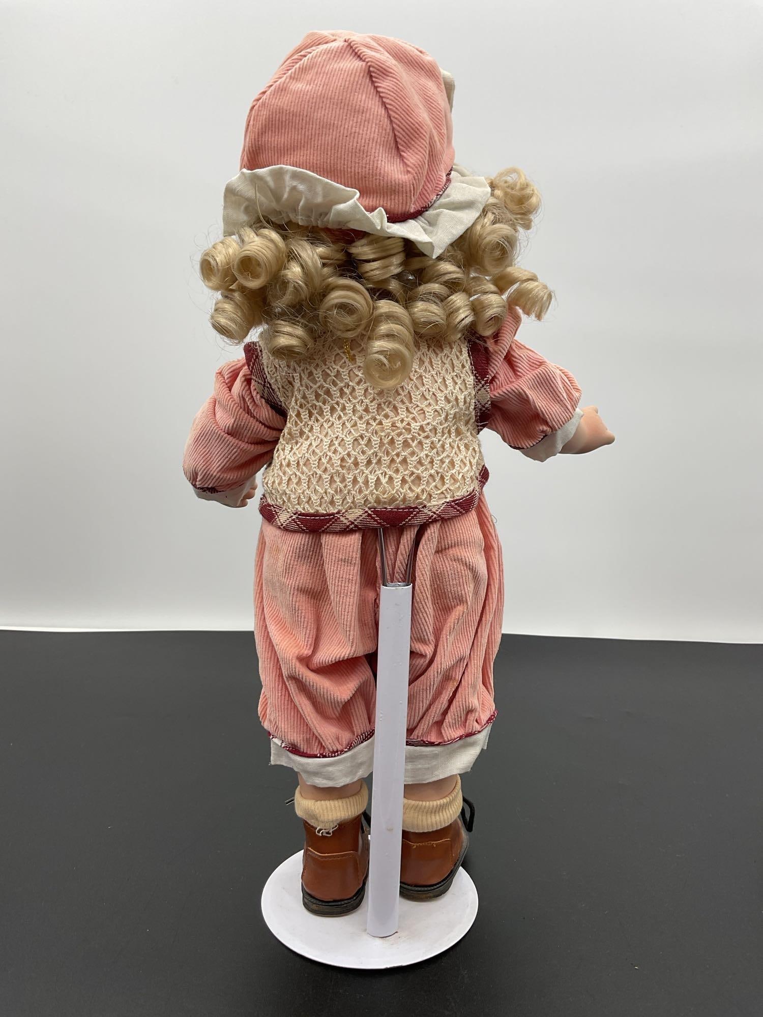 Porcelain Doll in Bear Patch Overalls - 3