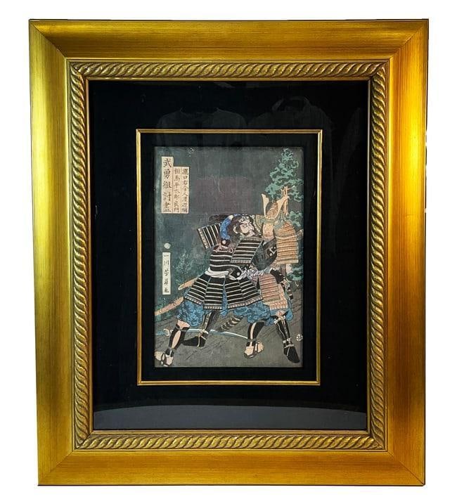 Japanese Ukiyo-e Woodblock Print by Yoshikazu: Japanese woodblock print, fighting samurai by artist Utagawa Yoshikazu. A stunning Japanese woodblock print by the renowned artist Utagawa Yoshikazu depicting a fierce scene of fighting samurai. The