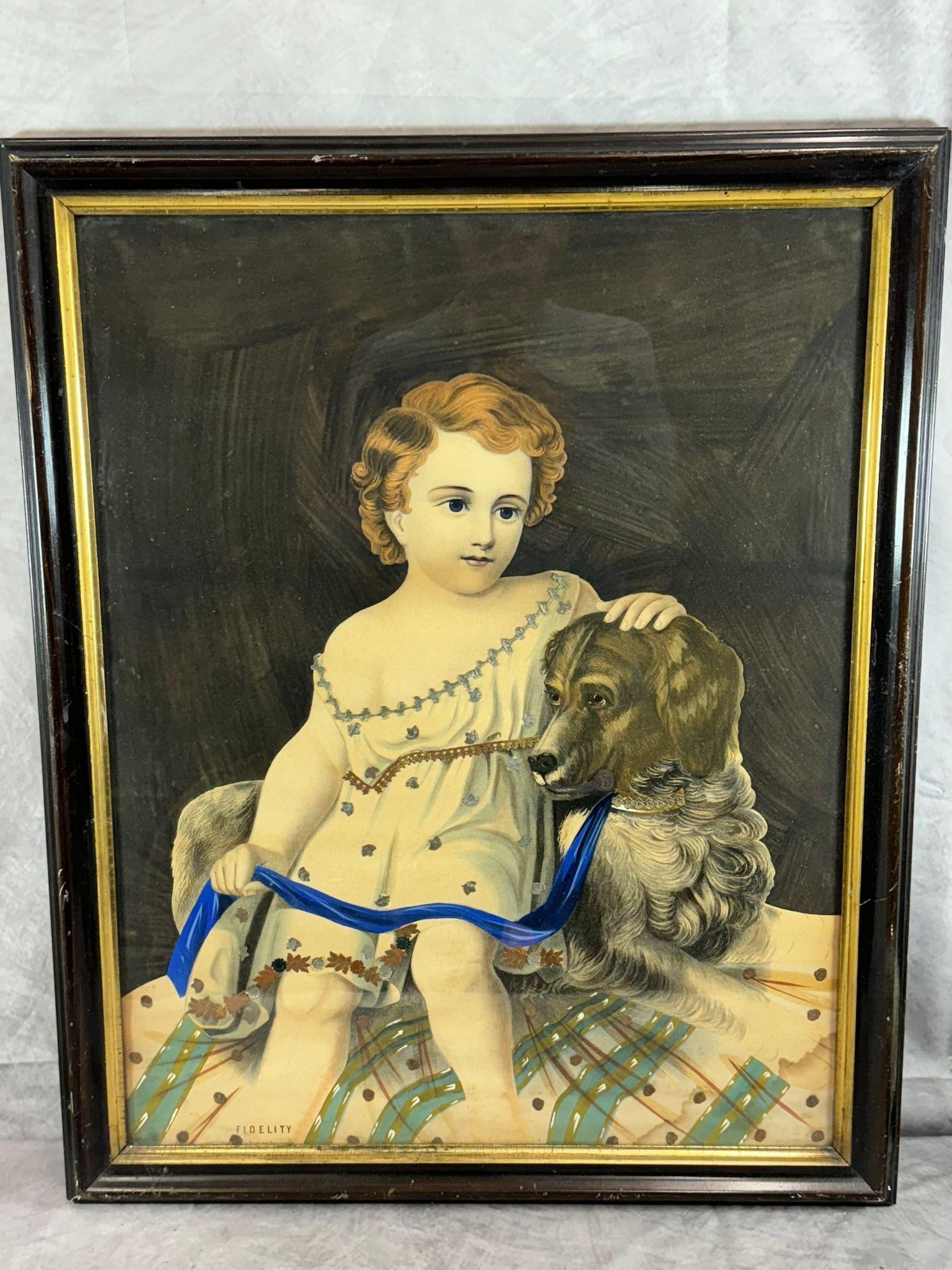 Fidelity Dog & Child Painting: Boy with dog, mixed media painting, signed Fidelity. Framed antique painting depicting a young child seated beside a dog. The child is shown in a light- colored outfit with detailed stitching,