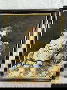 Fidelity Dog & Child Painting: Boy with dog, mixed media painting, signed Fidelity. Framed antique painting depicting a young child seated beside a dog. The child is shown in a light- colored outfit with detailed stitching,