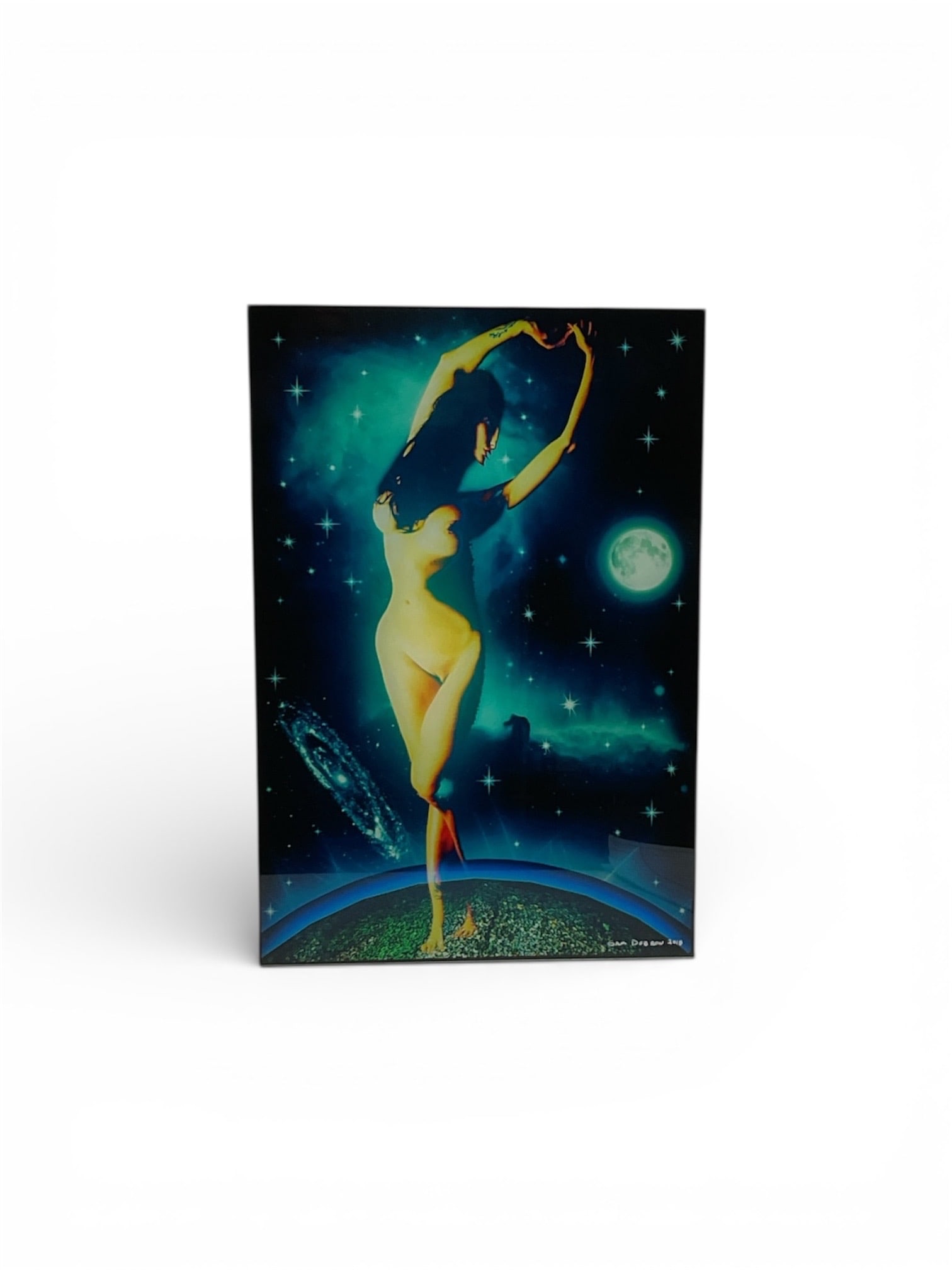 Sam Dobrow Signed Surreal Female Figure Celestial Scene Giclée 2018: Signed giclée by Sam Dobrow depicting a surreal celestial scene featuring an elongated female figure standing atop a curved planetary surface beneath a star-filled sky. The composition blends