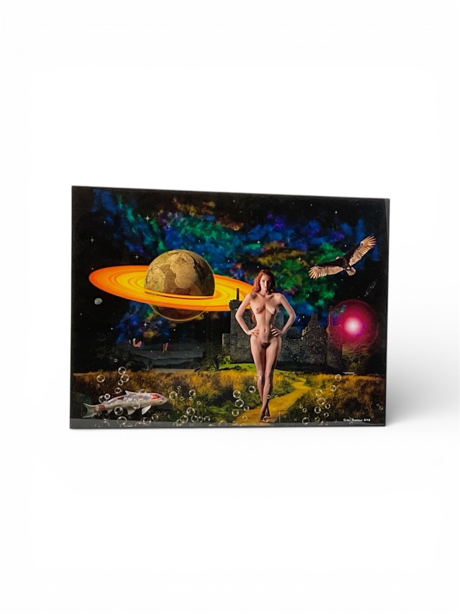 Sam Dobrow First Encounter Surreal Celestial Figurative Giclée: Limited edition giclée by Sam Dobrow titled First Encounter, presenting a surreal cosmic narrative centered on a nude female figure within an imaginative extraterrestrial landscape. The