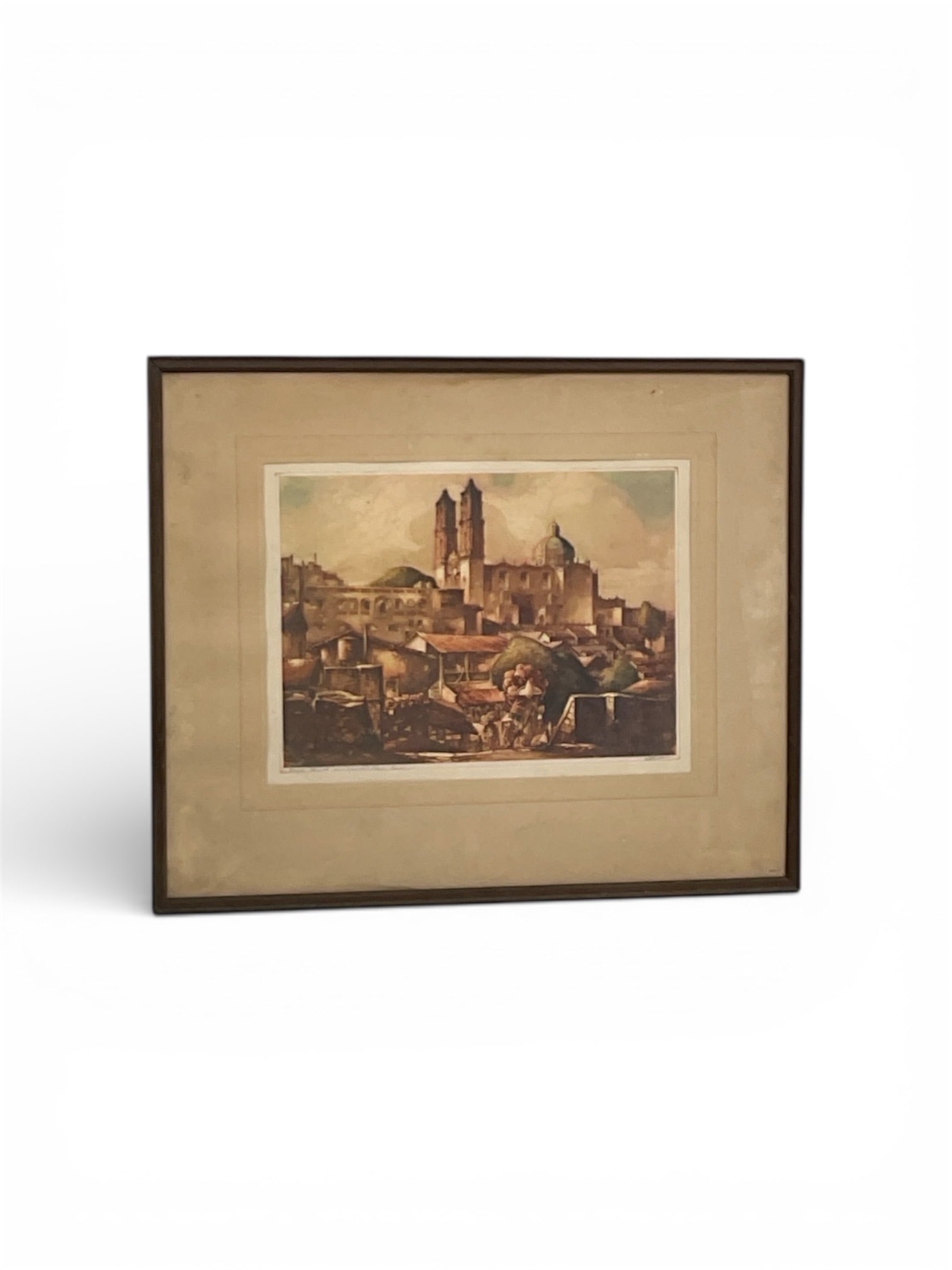 Borda Church and Market Place Tasco Color Etching by A F Mettel: Original color etching titled Borda Church and Market Place, Tasco by A. F. Mettel. This architectural and landscape work depicts the historic Borda Church and surrounding marketplace in Tasco,