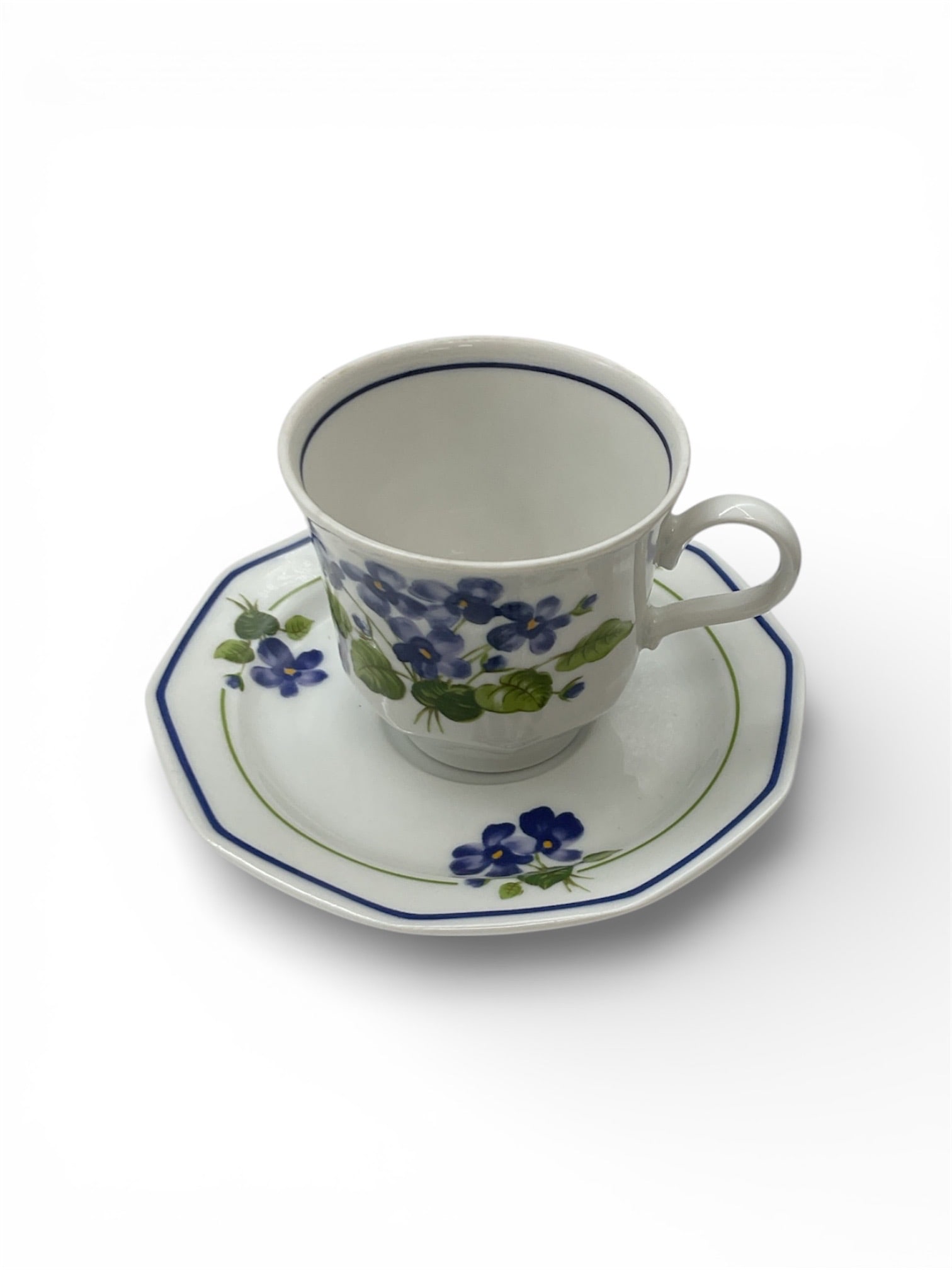 Winterling Marktleuthen Bavaria Floral Porcelain Cup and Saucer Set: This fine porcelain cup and saucer set was produced by Winterling in Marktleuthen, Bavaria, Germany. The set features a clean white ground decorated with blue floral motifs and green foliage,