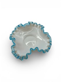 Ruffled Art Glass Bowl with Blue Cased Rim