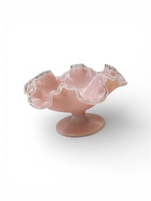 Pink Ruffled Art Glass Compote with Clear Applied Rim