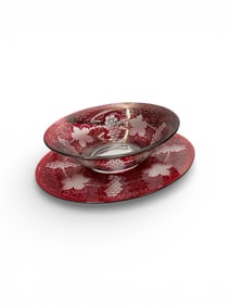 Large Red Glass Bowl and Charger with Floral Decoration