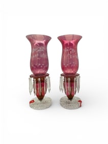 Pair of Cranberry Glass Lustre Vases with Hanging Prisms