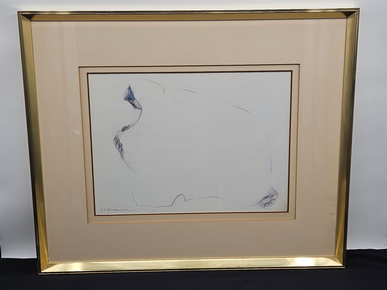 R.C. Gorman (American, 1931-2005) Pastel Drawing: Description: Minimalist drawing by renowned Navajo artist R.C. Gorman (1931–2005), dated 1976. Features Gorman’s signature linear style with soft, gestural strokes suggesting a recli