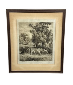 Pastoral Scene Etching, Sheep and Dog