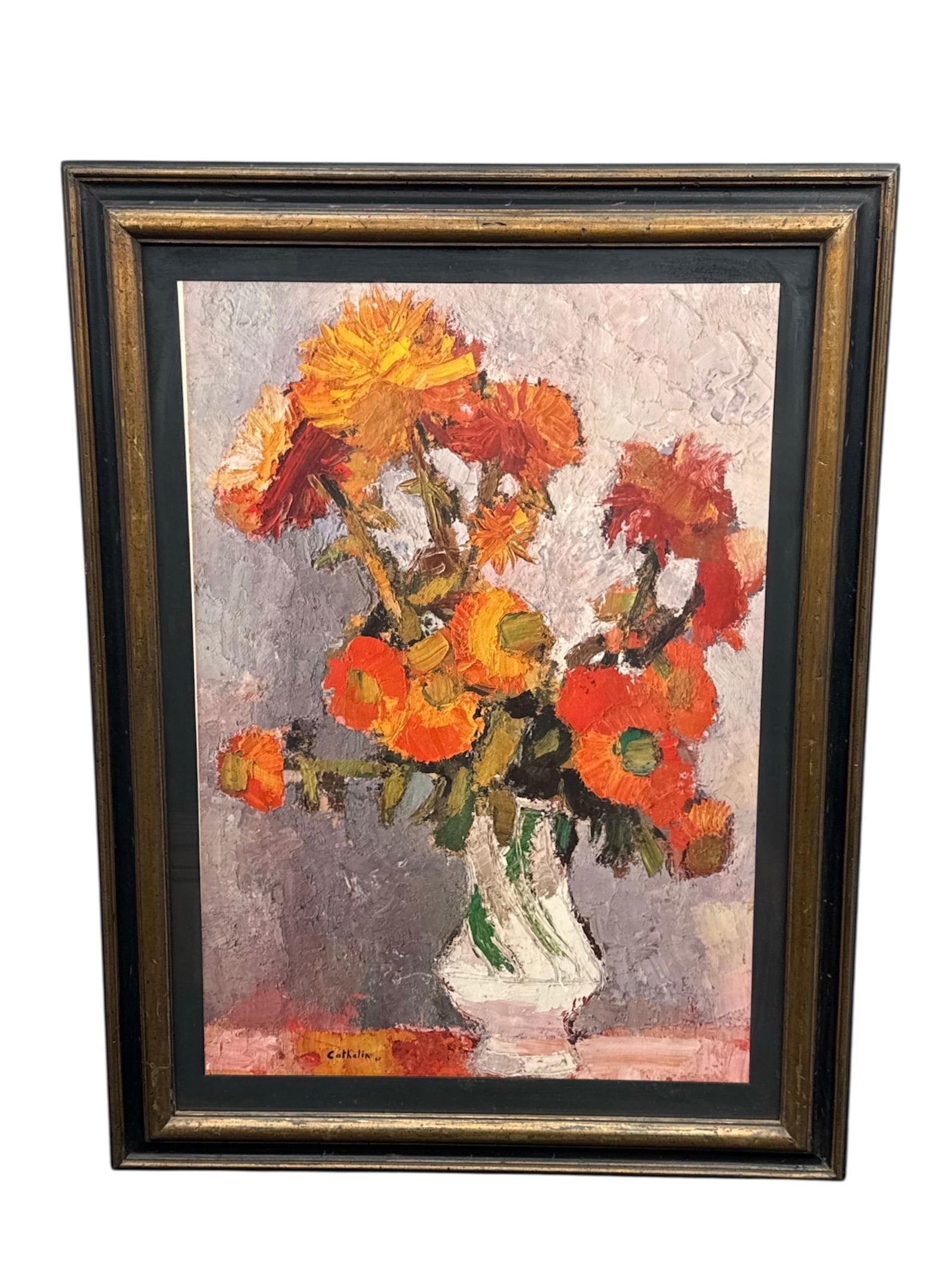 "Yellow Dahlias" by BERNARD CATHELIN (France, 1919-2004) Lithograph: Description: This is a beautiful, rare, vintage mid-century print of the renowned French artist Bernard Cathelin's work, Yellow Da