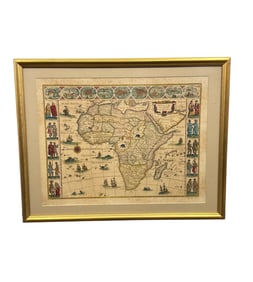 A Superb, Highly Decorative 17th Century Hand-Colored Map of Africa, "Africae Nova Descriptio," by