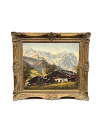 Vintage Signed "Schmid Garmisch" Bavarian Alps Cottage Oil Painting in Ornate Gilt Frame