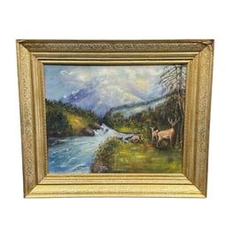 Signed Vintage Oil Painting: Majestic Mountain Landscape with Stags & Rushing River in Gilt Frame