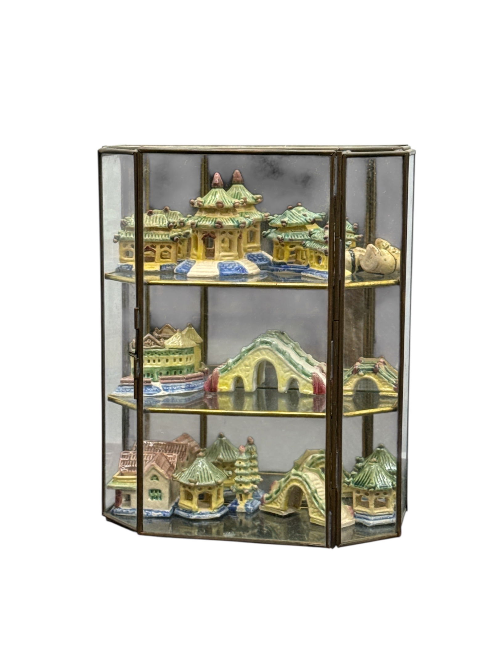 Vintage Asian Miniature Architectural Village Set in Glass Wall Display Cabinet – 3 Shelves (1 of 2)
