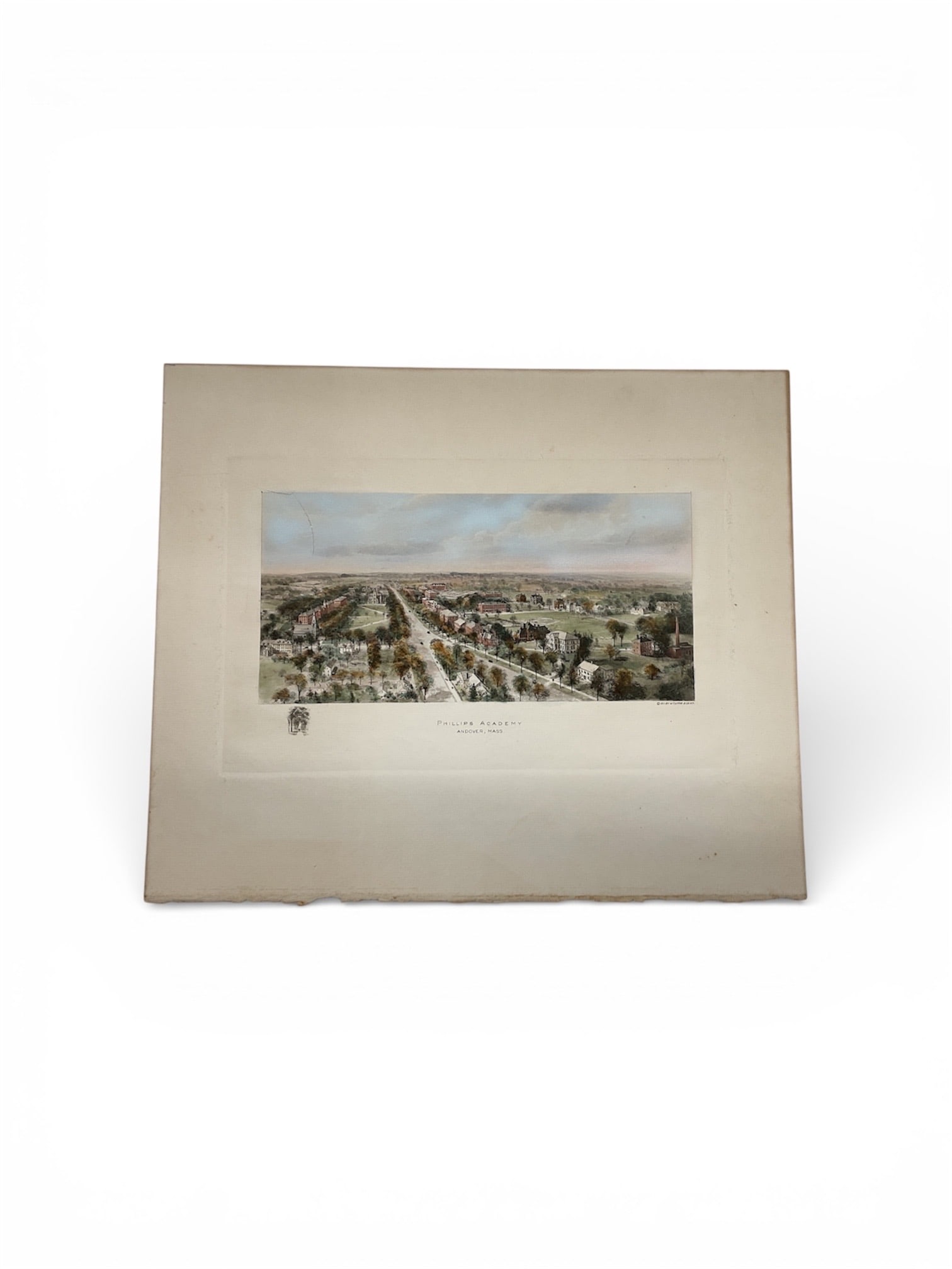 Antique Phillips Academy Andover Massachusetts Engraving – Historic Campus View: Antique engraved view depicting Phillips Academy, Andover, Massachusetts, one of the most historic preparatory schools in the United States. The panoramic composition