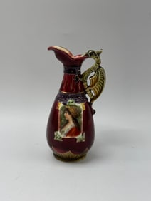 Majolica Style Ewer with Portrait and Dragon Handle