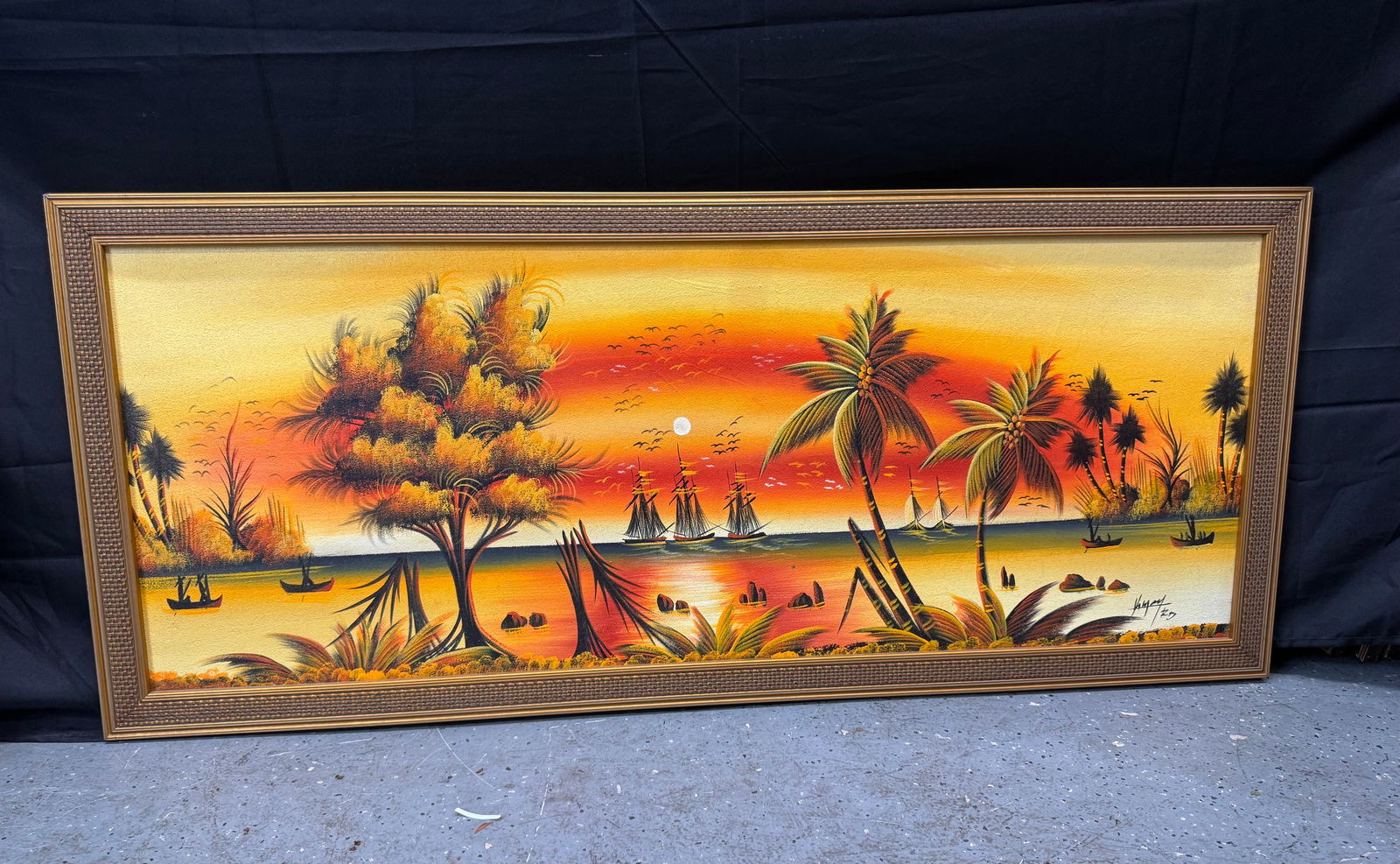 Framed Oil Painting on Canvas, Tropical Sunset Scene, Signed (1 of 4)