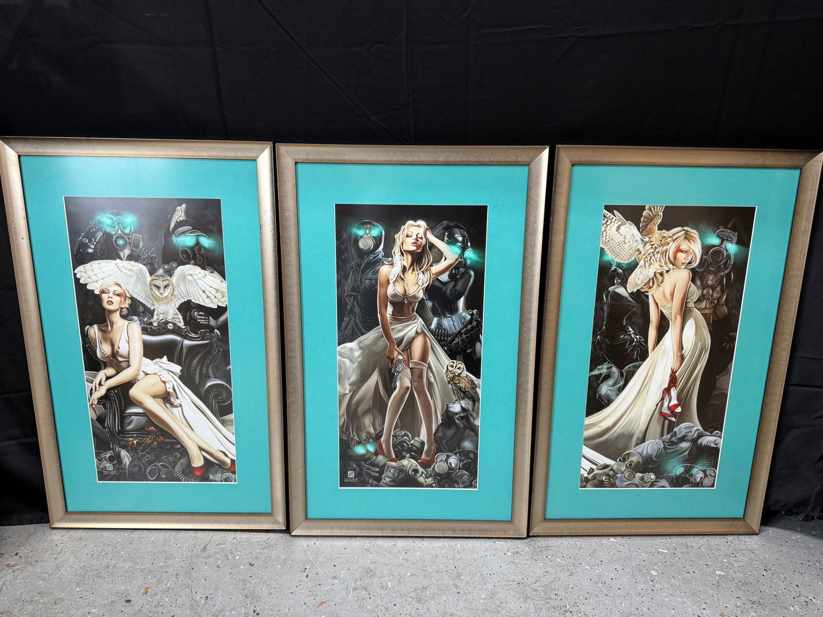 Tryptich by Echo Chernik (American, b.1973): Description: Set of three framed prints featuring stylized fashion portraits of women. Each print is framed with a turquoise mat and a silver-tone frame. Signed bottom right. Medium: print Dime