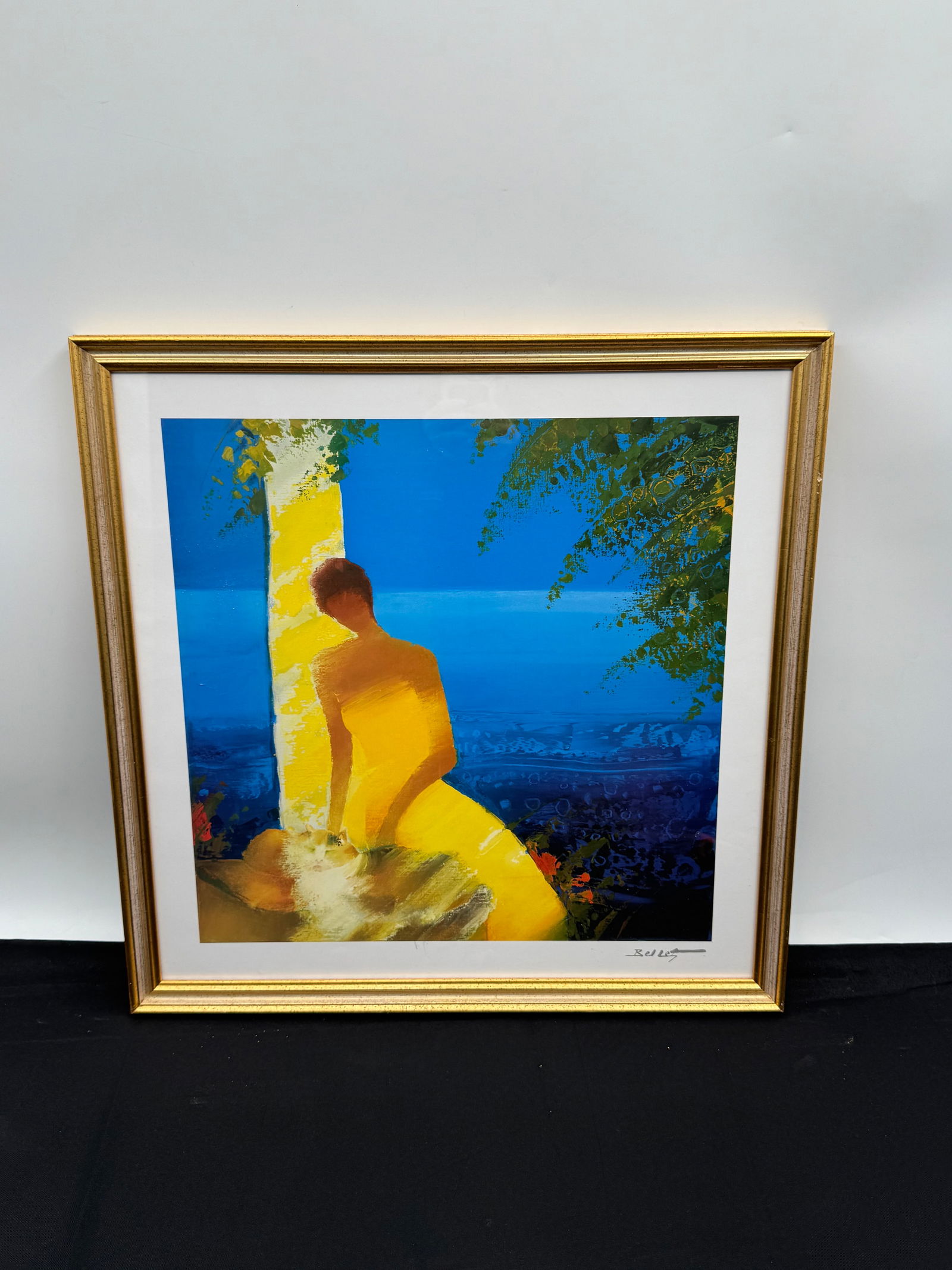 "Quietude Bleue au Chat" by Emile Bellet (France,1941-2022) Seriolithograph: Description: Oil on canvas depicting a reclining nude figure by the sea. Signed 'Bellet' in the lower right. Framed. Medium: Seriolithograph Dimensions: 21.5 x 21.5 inches.