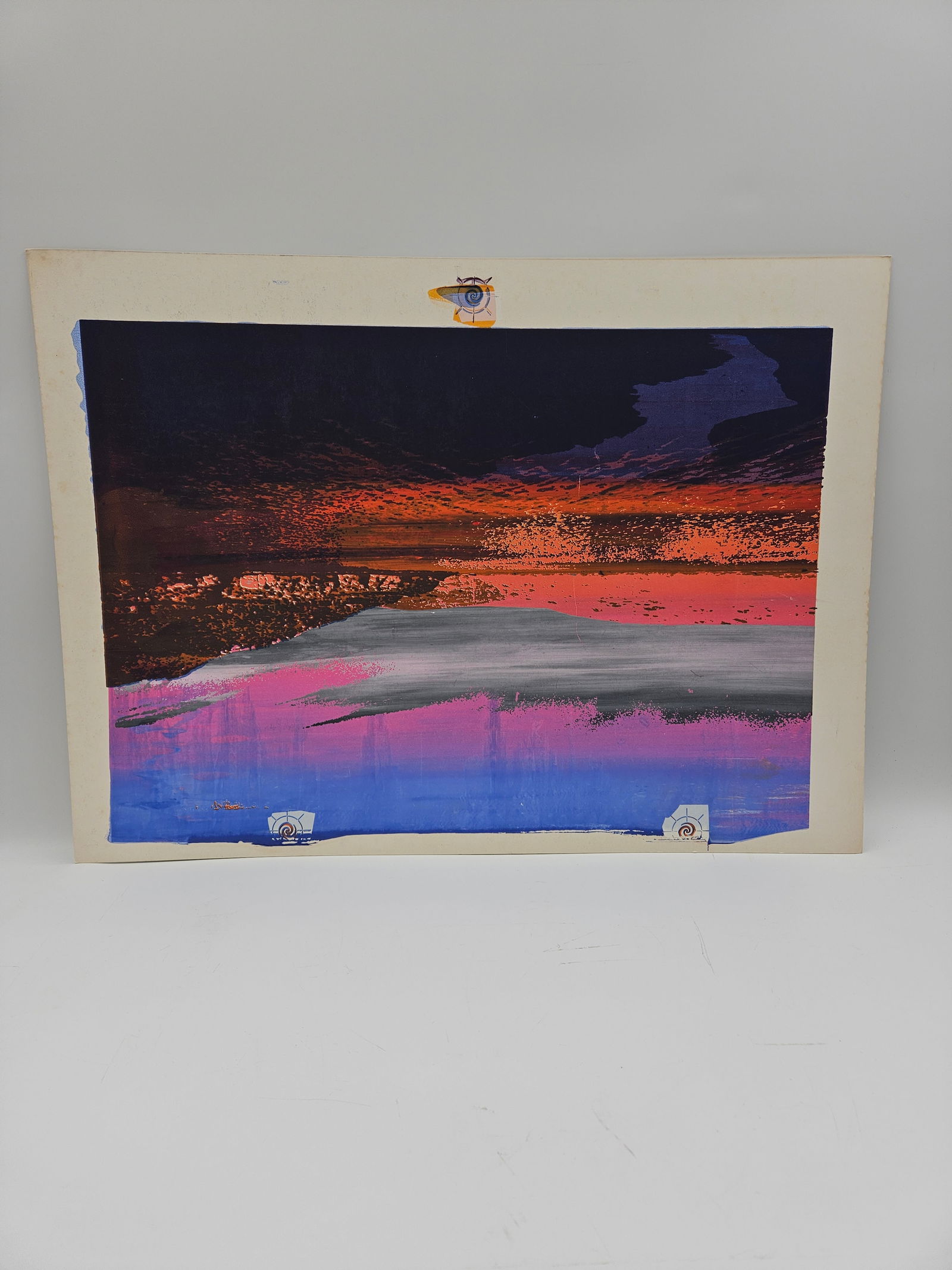 Abstract Landscape Print: Abstract landscape print featuring a colorful horizon with shades of blue, pink, orange, and brown