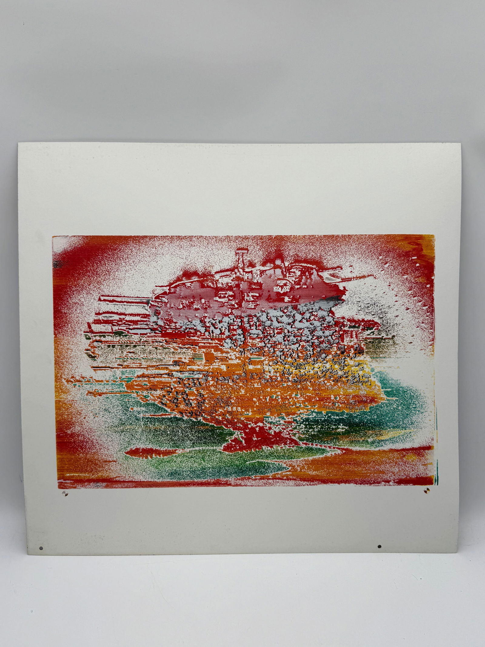 Abstract Color Print: Abstract color print on paper, featuring red, orange, and green hues. Image size approximately 30 x 29 inches. Unframed.