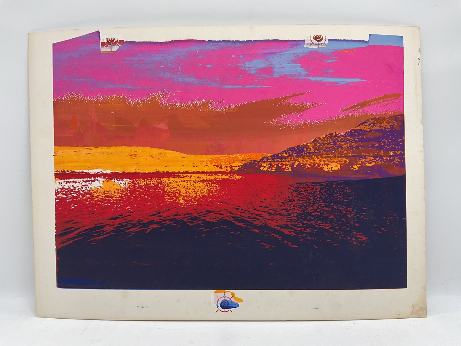 Abstract Sunset Over Water: Vibrant lithograph depicting a radiant sunset over a calm body of water, rendered in striking tones of magenta, orange, and deep blue. The layered textures and color gradients evoke warmth and