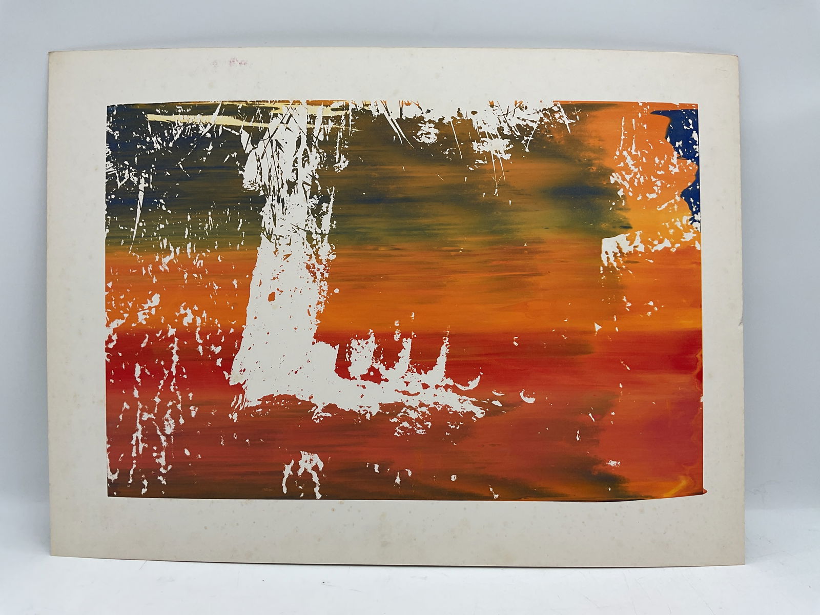Abstract Expressionist artwork: Dynamic abstract lithograph featuring bold sweeps of orange, red, and green overlaid with expressive white textural markings. The layered composition evokes a sense of depth and motion, reminiscent