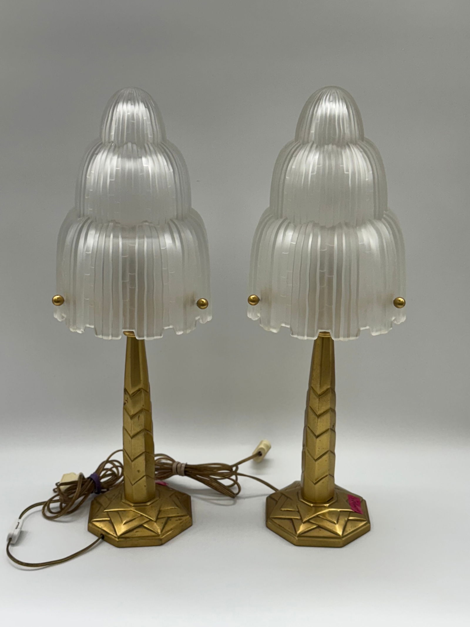 Pair of Vintage Art Deco Brass Sabino French Table Lamps with Tiered Frosted Glass Shades (1 of 7)