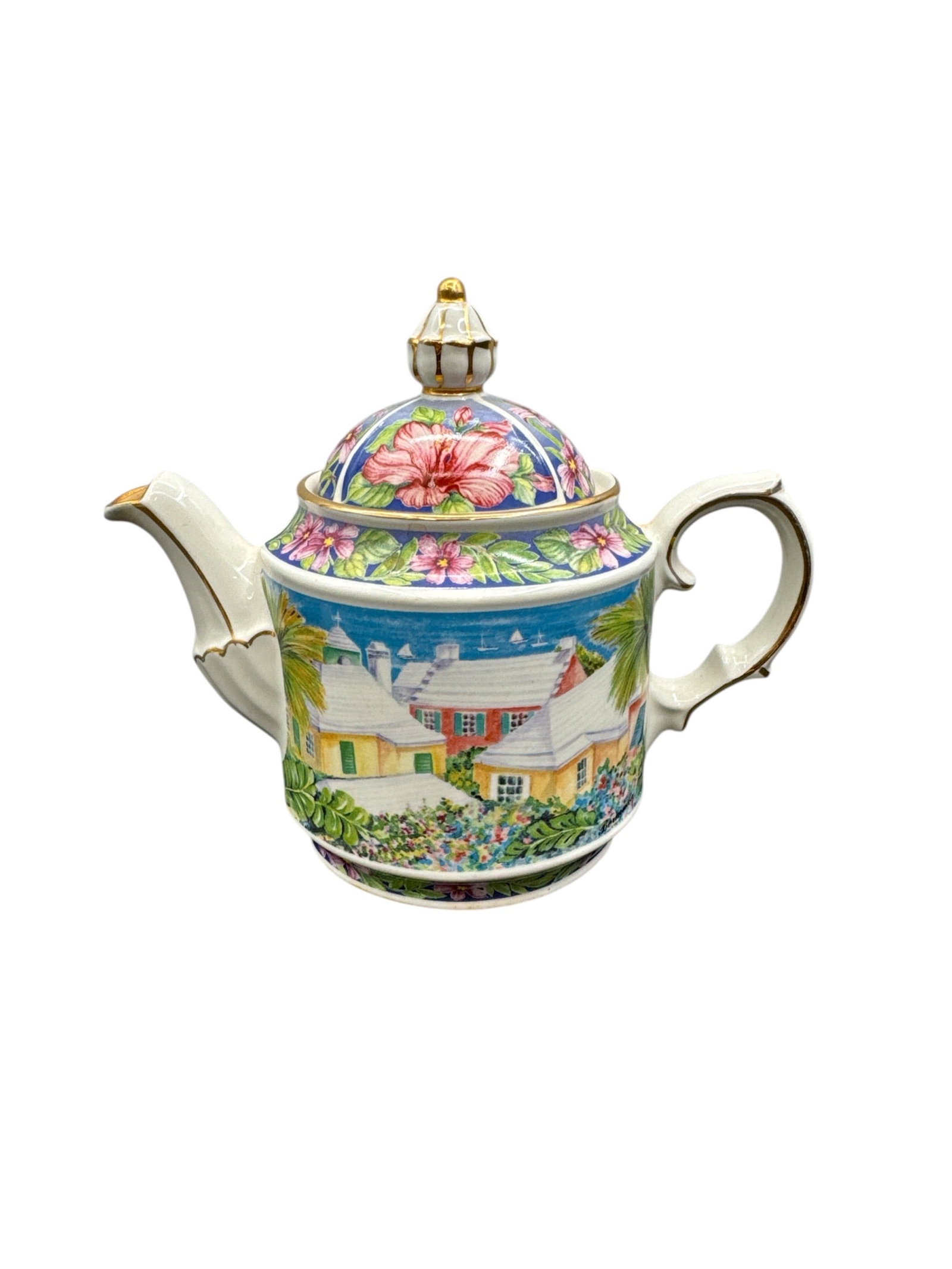 Sadler Bermuda Island Scenic Porcelain Teapot Made in England: This charming porcelain teapot was produced by Sadler in England and features the Bermuda Island pattern, decorated with colorful scenic imagery including coastal architecture, lush greenery, and