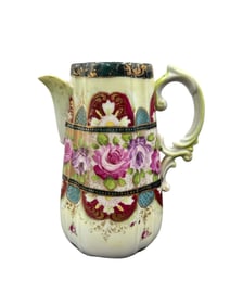 Hand Painted Floral Porcelain Pitcher with Gilt Accents
