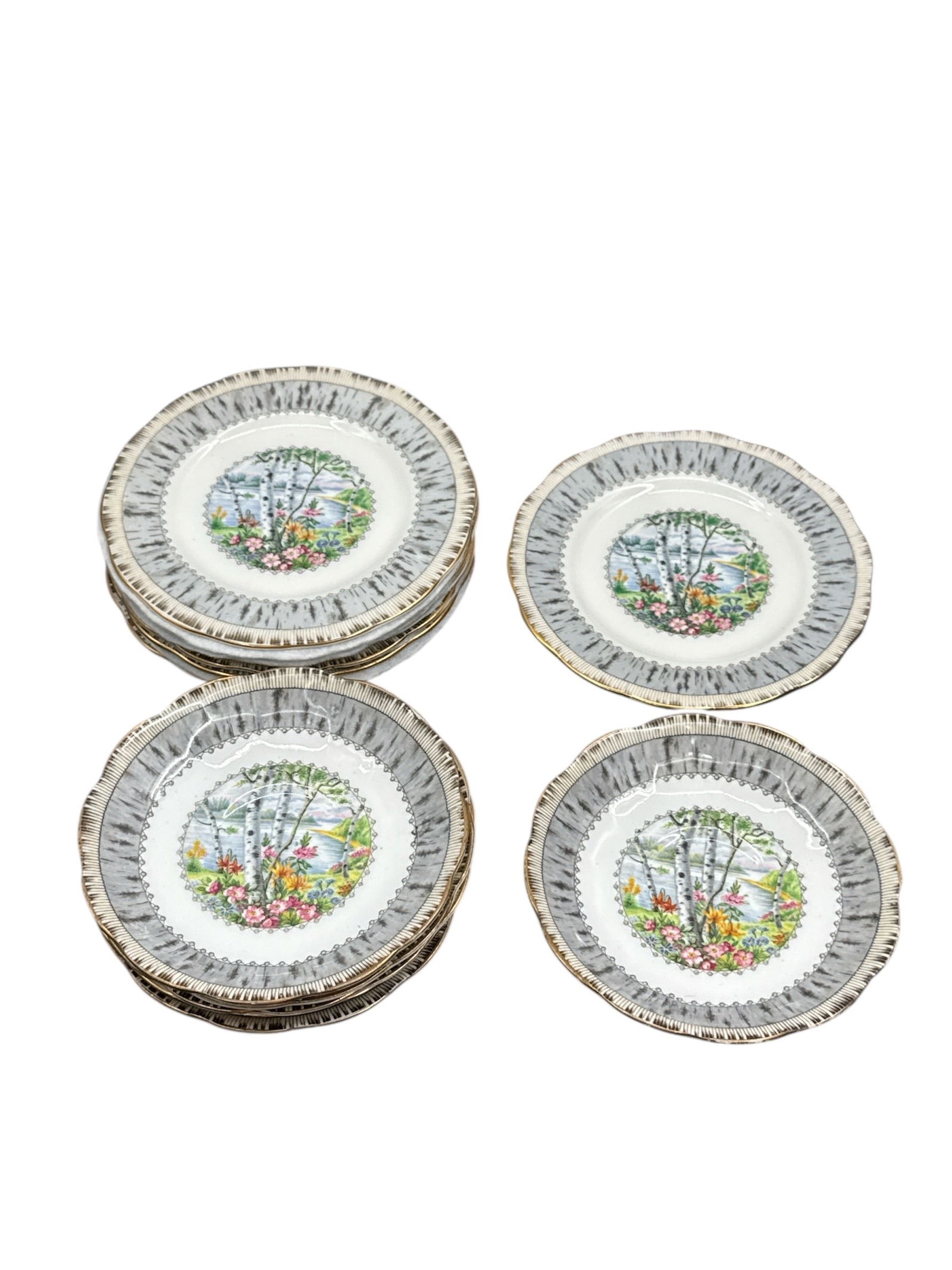 Royal Albert Bone China Scenic Floral Plates Set: This decorative set of Royal Albert bone china plates features a charming scenic floral motif with a central garden and tree design surrounded by a textured gray border with gilt accents. Produced in