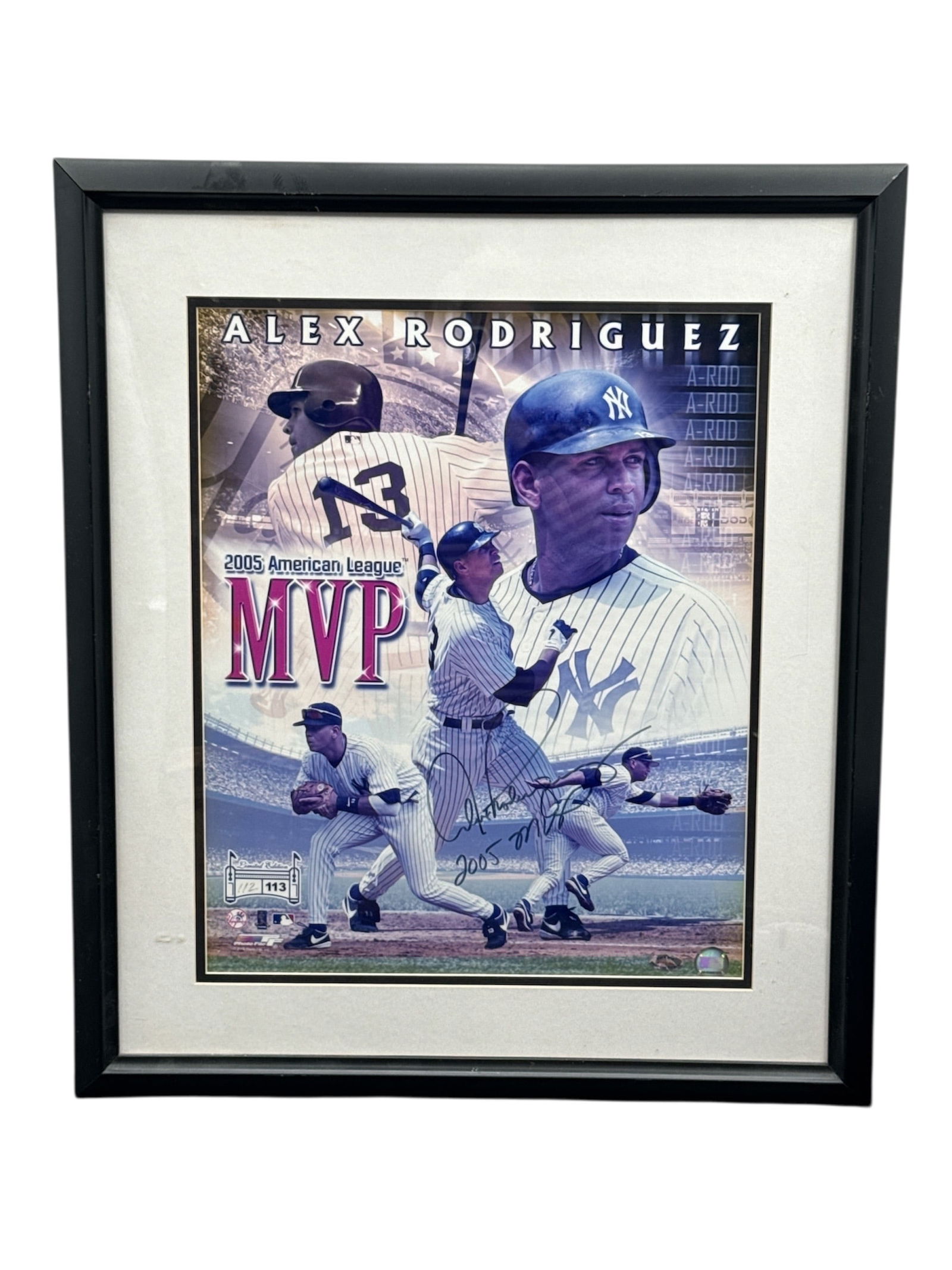 Alex Rodriguez A-Rod 2005 AL MVP New York Yankees Framed Collage Photo: This framed Alex Rodriguez display celebrates his American League MVP achievement with a visually striking collage featuring action imagery and bold MVP graphics. The piece is professionally