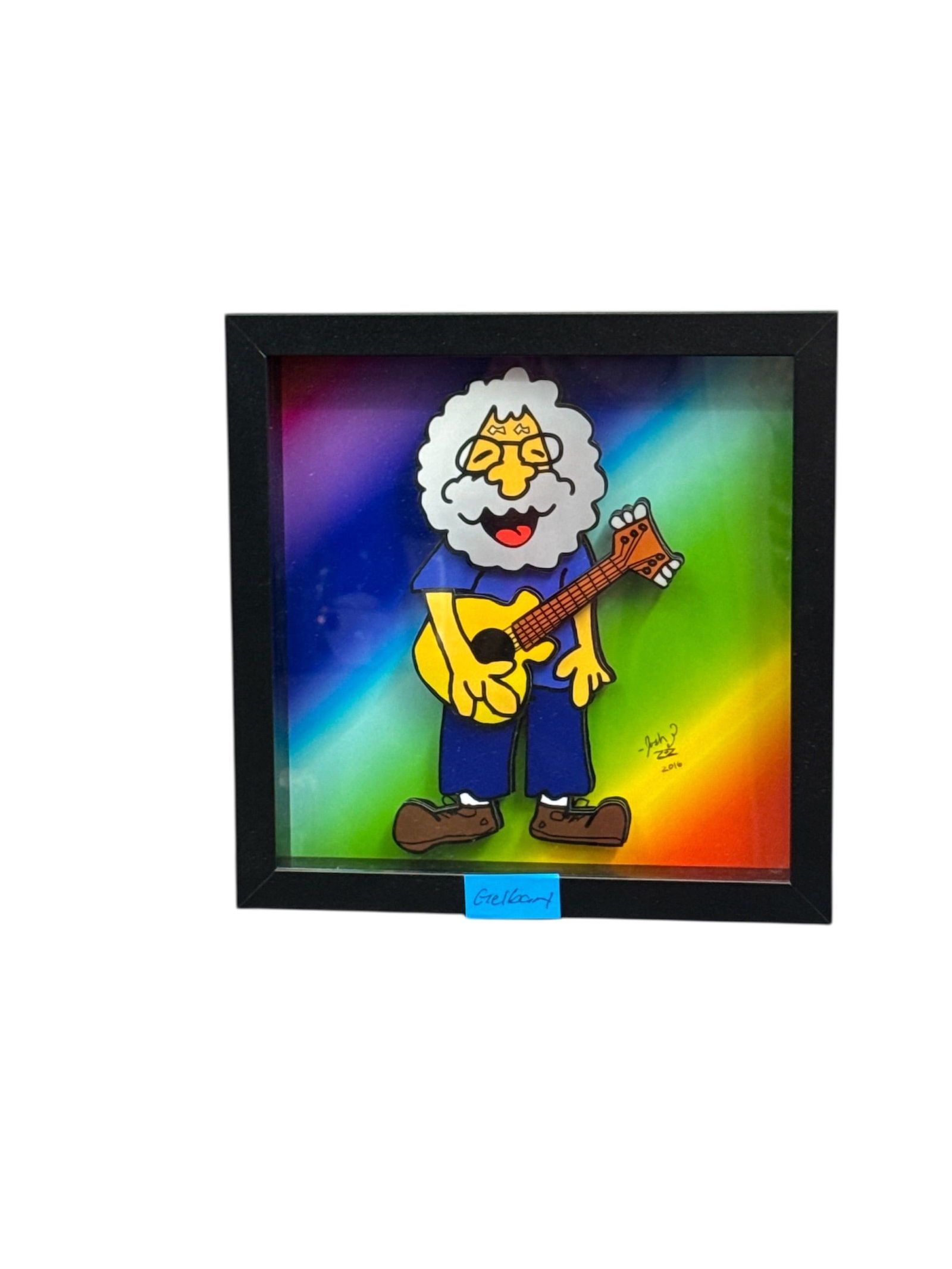 3D Pop Art Jerry Garcia Signed Artwork: This striking 3D pop art artwork depicts Jerry Garcia in a playful cartoon style, featuring a bold rainbow gradient background and dimensional construction that adds visual depth and impact. The piece