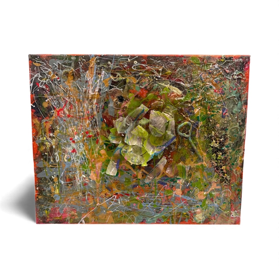 SK — Pingo: A dynamic abstract composition bursting with layered texture, dripped lines, and a central sculptural cluster of green and neutral-toned forms. Energetic strokes and vivid reds, oranges, and blues ani
