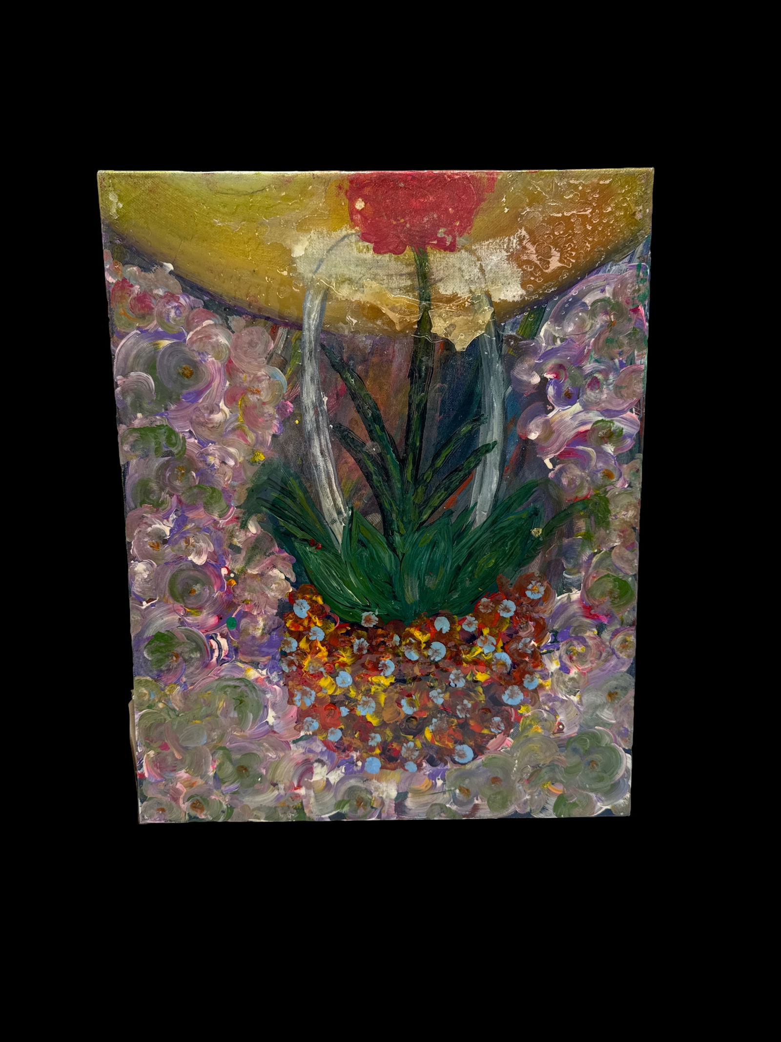 Pingo – The Only One: A vibrant and textured mixed-media composition featuring a blooming plant rising from a bed of jewel-like circular strokes, framed by soft lavender and gold tones. Energetic impasto layers give the