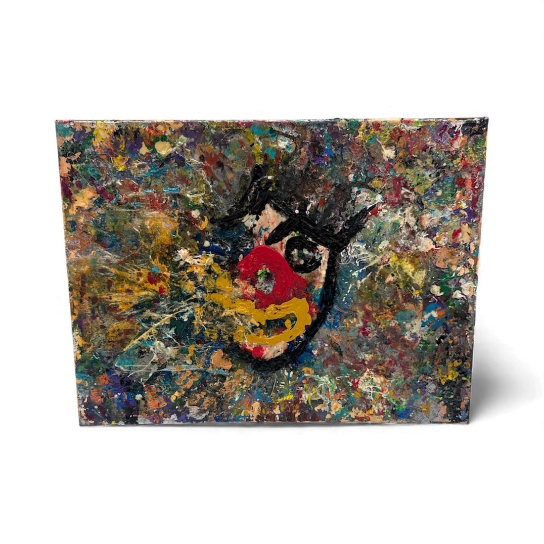 Pingo – “Circus: A bold, energetic abstract composition featuring a distorted clown-like face emerging from a dense, multicolored field of explosive texture and layered paint. The work showcases Pingo’s