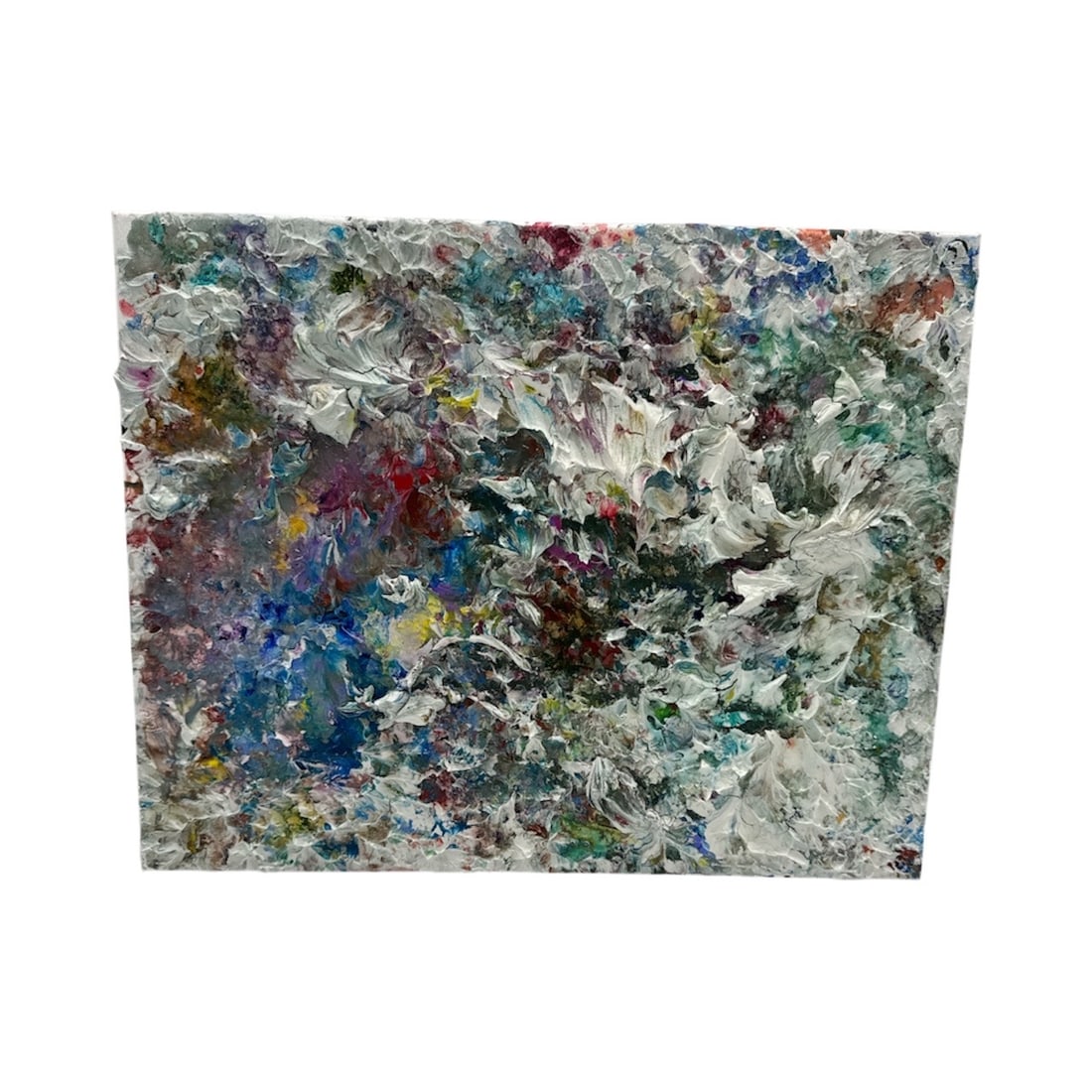 Pingo – Untitled (White Surge): A richly textured abstract surface dominated by thick white impasto, sweeping across bursts of blue, crimson, and emerald. Layers of palette-knife movement create a turbulent, cloud-like energy,