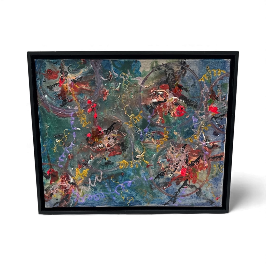 Procrastination — Pingo: A vivid mixed-media composition with layered motion and swirling forms, capturing the tension and chaos of delayed decisions.Medium: Mixed Media on CanvasH:17in L:21in