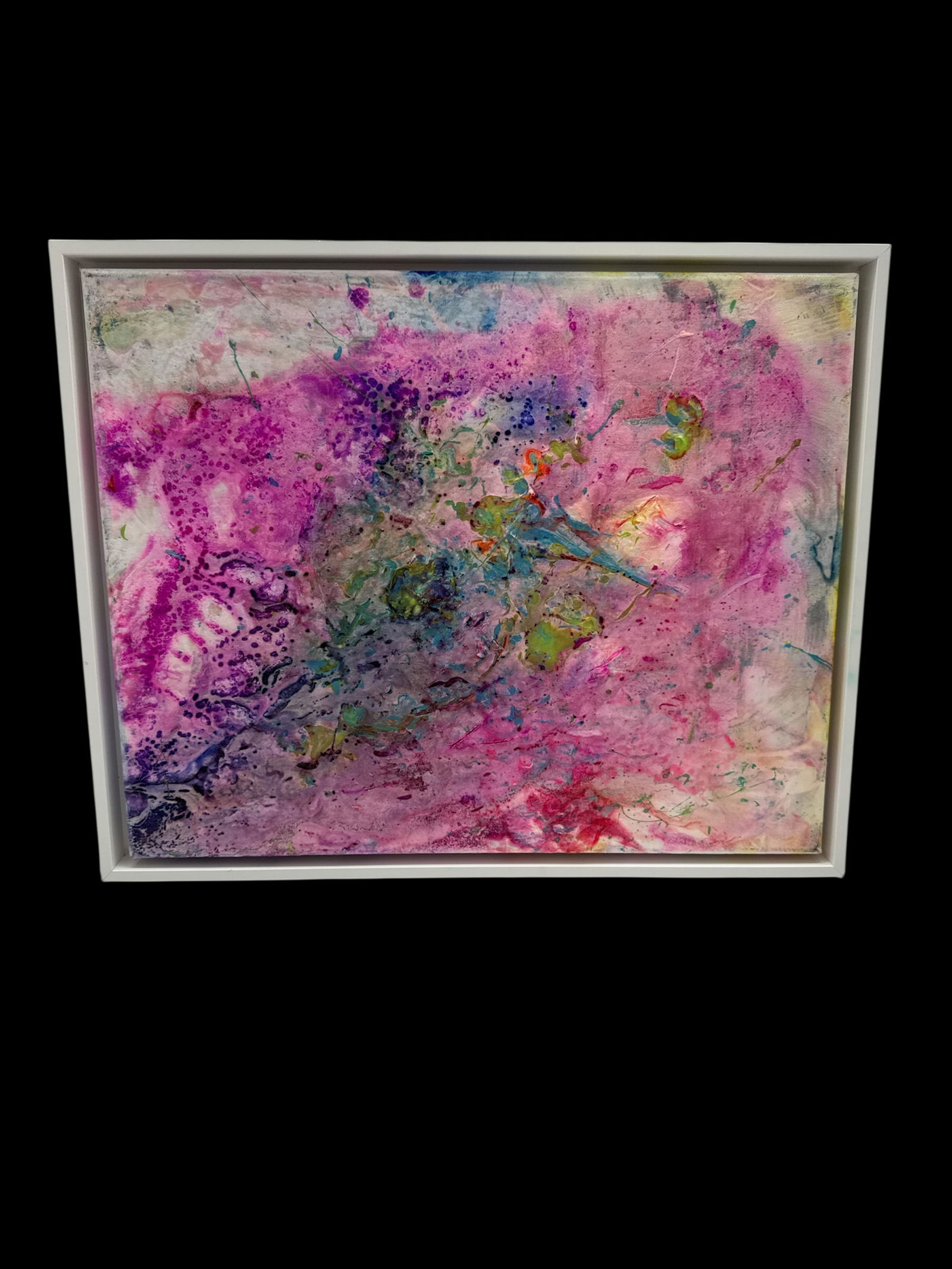 Pingo "Pink Brigade": A vibrant abstract work dominated by saturated pinks, violets, and sky blues. Energetic paint movement and layered textures create a swirling, cloud-like composition with bursts of yellow and green