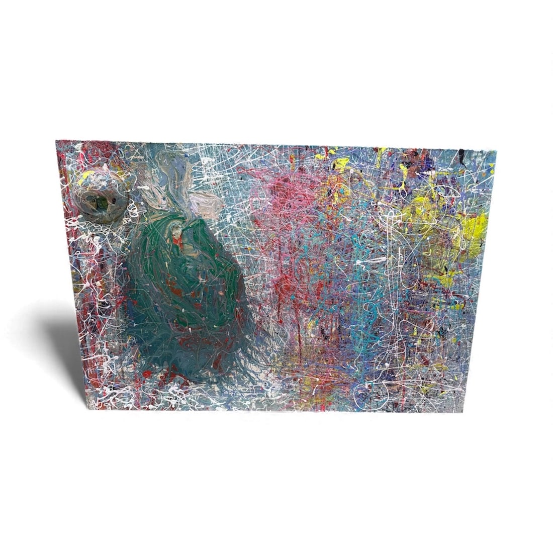 Pingo "Papai": A vibrant mixed-media abstract composition featuring dynamic strokes, layered textures, and expressive color fields, centered around an organic, swirling form.Medium: Mixed MediaH:24in L:36in