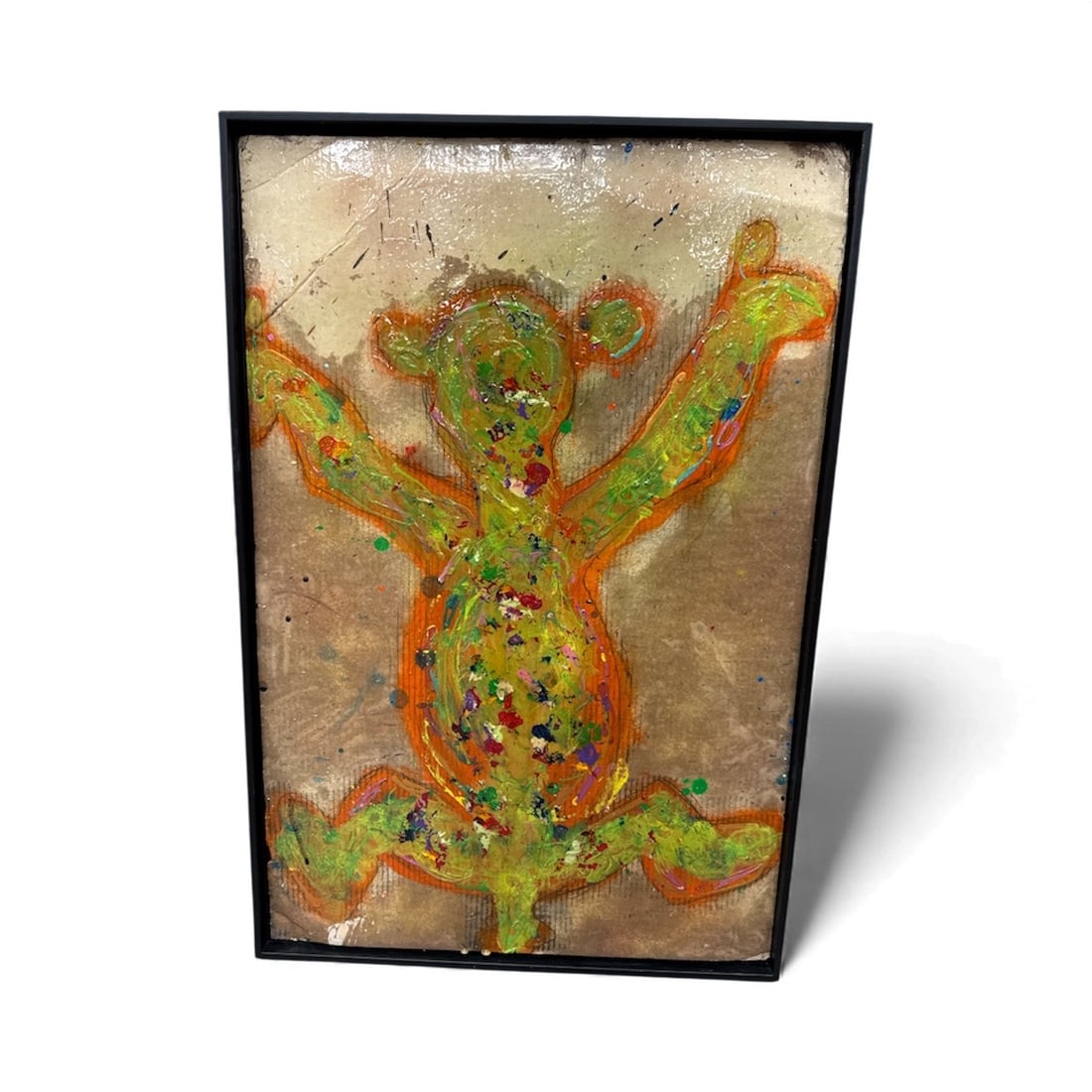 Pingo "Tiggerific": A vibrant mixed-media interpretation of a joyful, springing figure reminiscent of Tigger, bursting with energetic color splashes and bold outlines.Medium: Mixed MediaH:37in L:25in