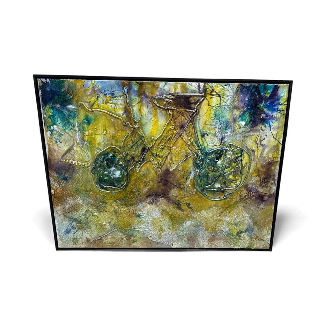 Pingo "Bi-Wings": A dynamic mixed-media composition featuring an abstracted bicycle form emerging from vibrant layers of yellow, blue, and earth-toned textures. The piece blends motion and symbolism, creating a sense