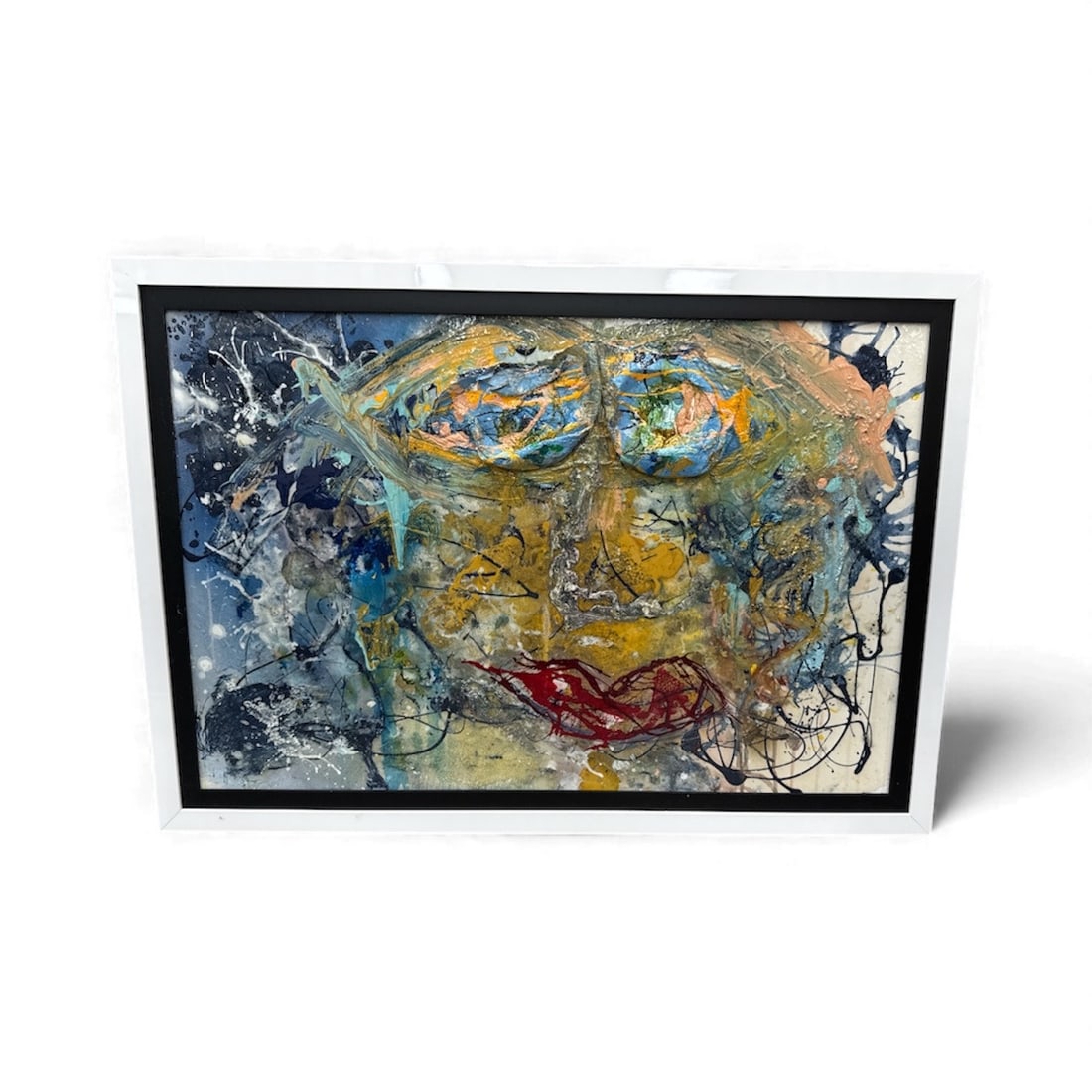 Pingo – Boobwho: A bold and expressive mixed-media portrait featuring layered textures, sweeping strokes, and a distorted mask-like face rendered in intense blues, yellows, and reds. The piece showcases Pingo’s