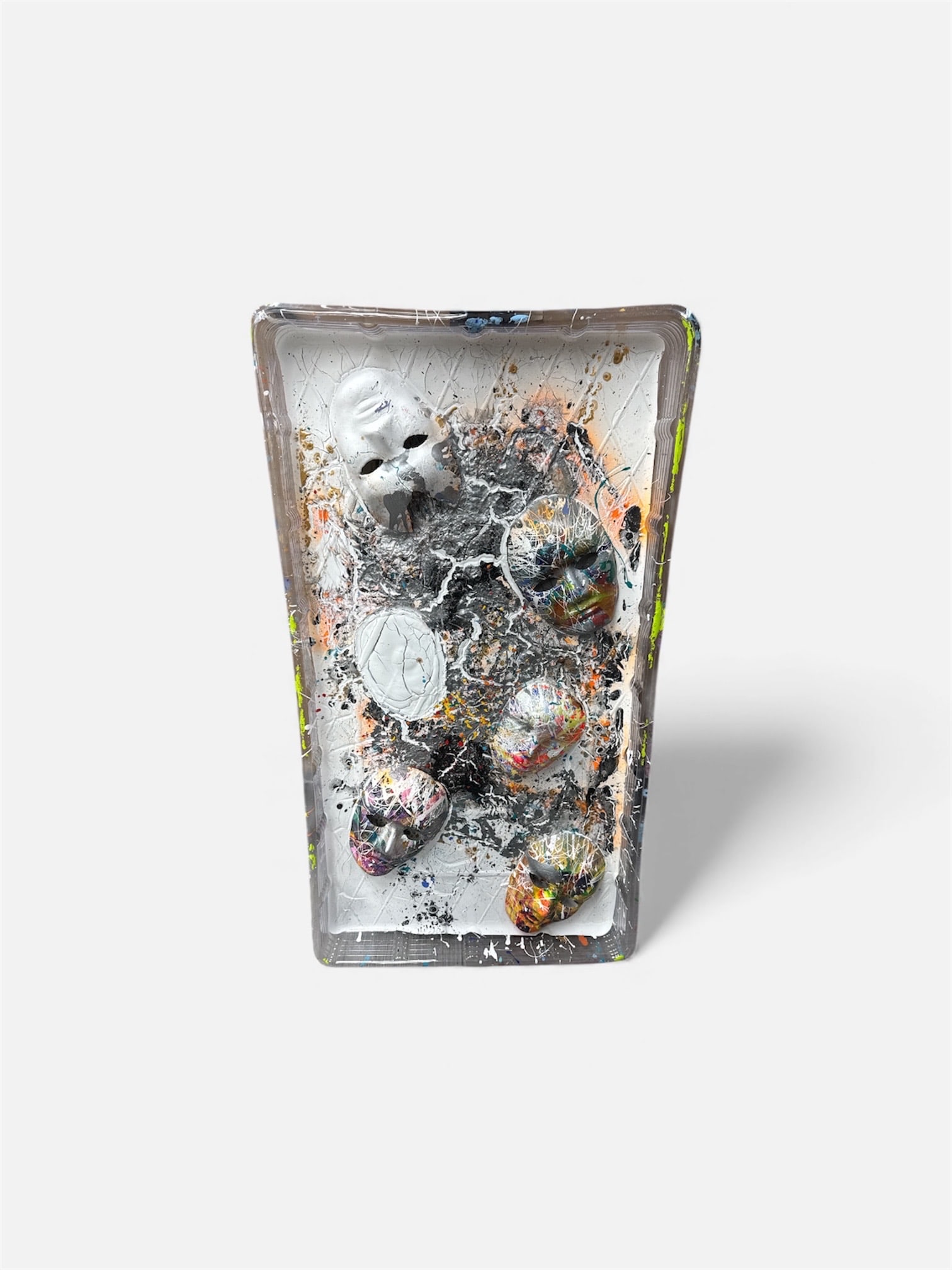 Abstract Mixed-Media Splattered Tray by Pingo: Rectangular tapered tray featuring layered abstract elements, including raised forms, splattered textures, and multicolor accents arranged in an expressive, dynamic composition.H:44in L:24in